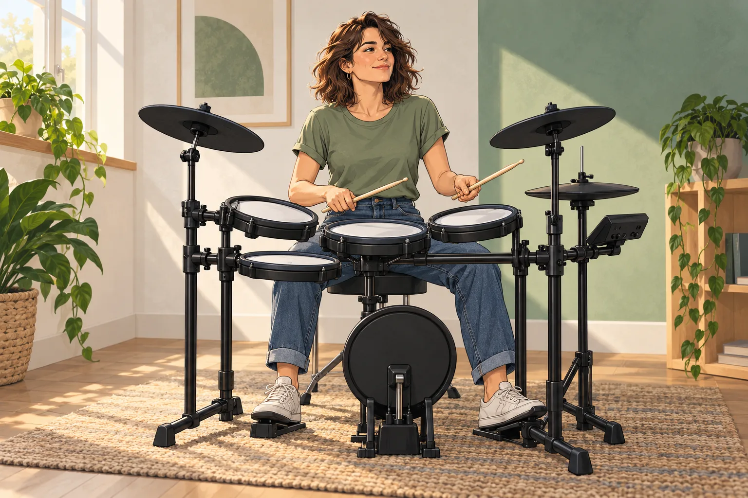 Fiktive erwachsene Drummerin übt zu Hause an einem elektronischen Schlagzeug.