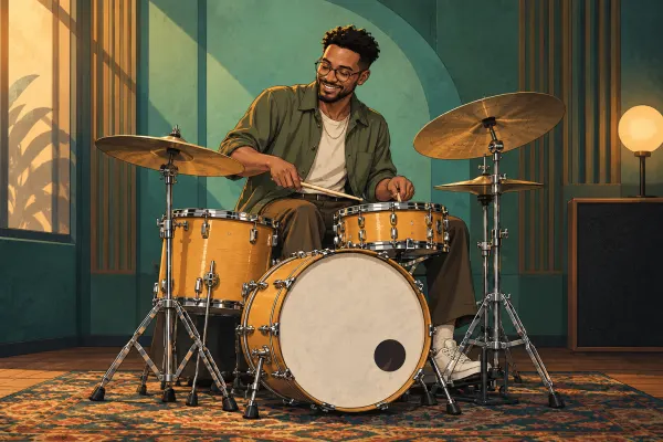 Fiktive erwachsene Drumfigur mit eigenständigem Kit im Stil Funk.